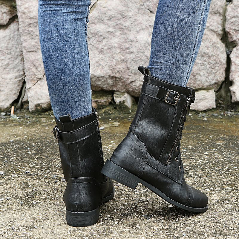 Women’s Lace-Up Mid-Calf Boots with Side Zipper and Buckle Detail
