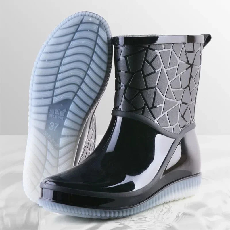 Women’s Mid-Calf Boots with Glossy Surface and Geometric Pattern
