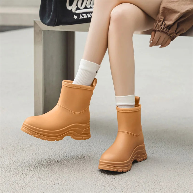 Women’s Mid-Calf Boots with Thick Sole and Pull Tab