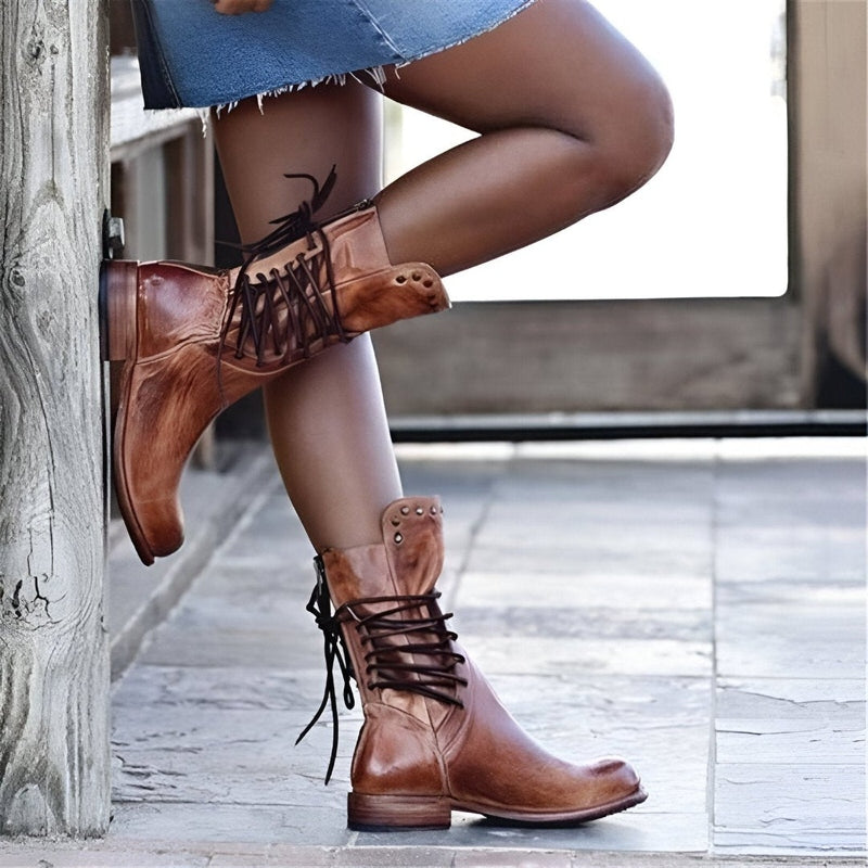 Women’s Mid-Calf Lace-Up Boots with Side Zipper and Studded Collar