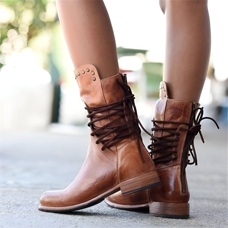 Women’s Mid-Calf Lace-Up Boots with Side Zipper and Studded Collar