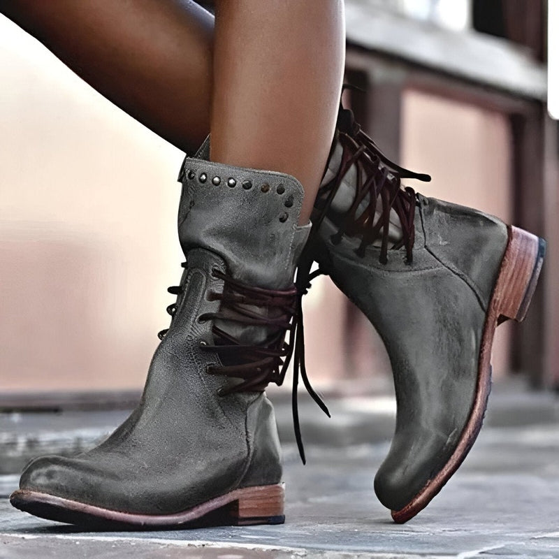 Women’s Mid-Calf Lace-Up Boots with Side Zipper and Studded Collar