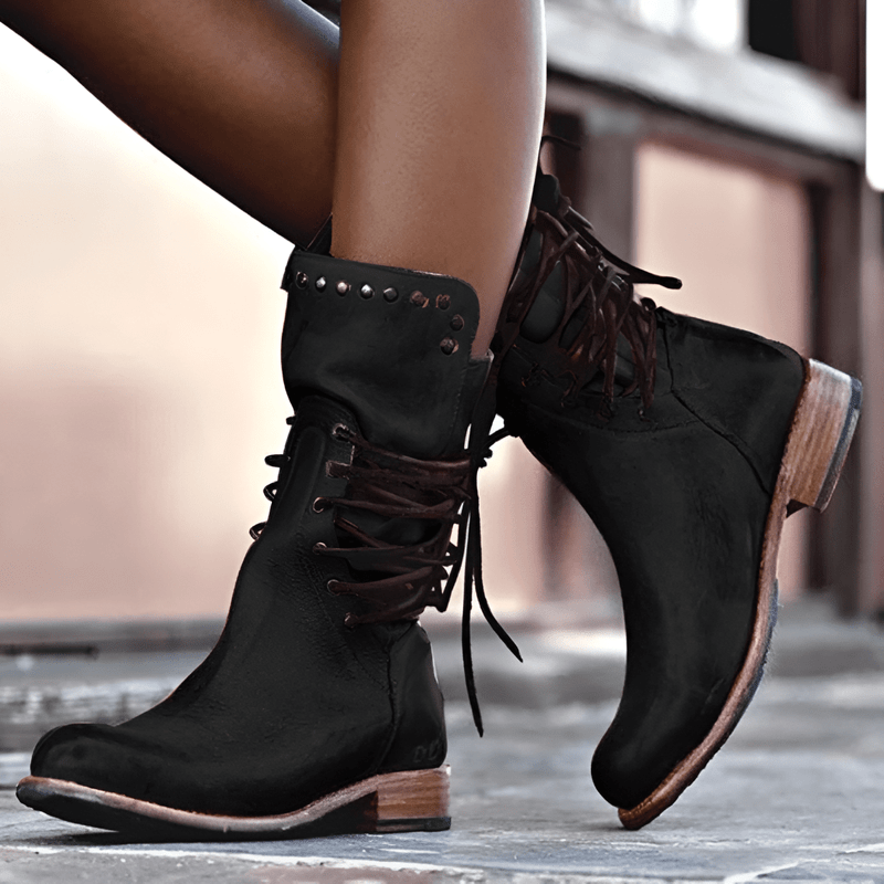 Women’s Mid-Calf Lace-Up Boots with Side Zipper and Studded Collar