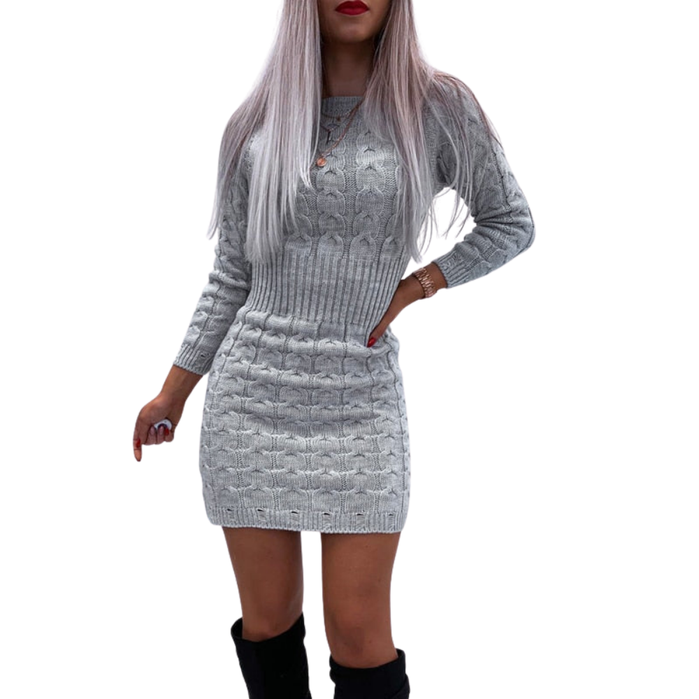 Women’s Cable Knit Mini Dress with Long Sleeves and Round Neck
