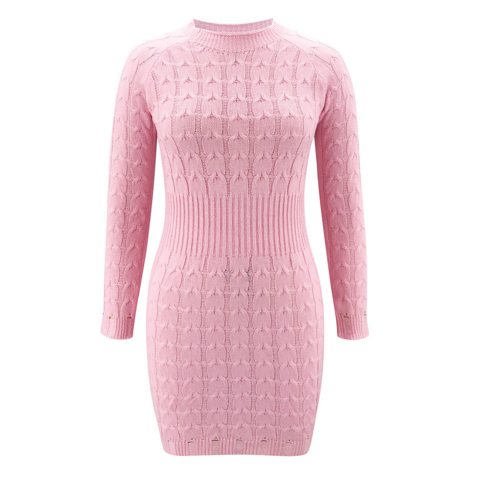 Women’s Cable Knit Mini Dress with Long Sleeves and Round Neck