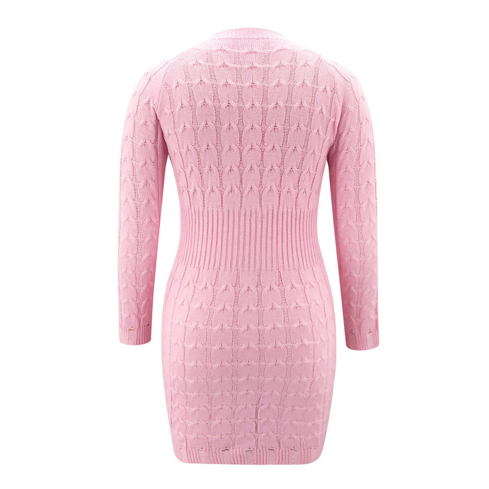 Women’s Cable Knit Mini Dress with Long Sleeves and Round Neck