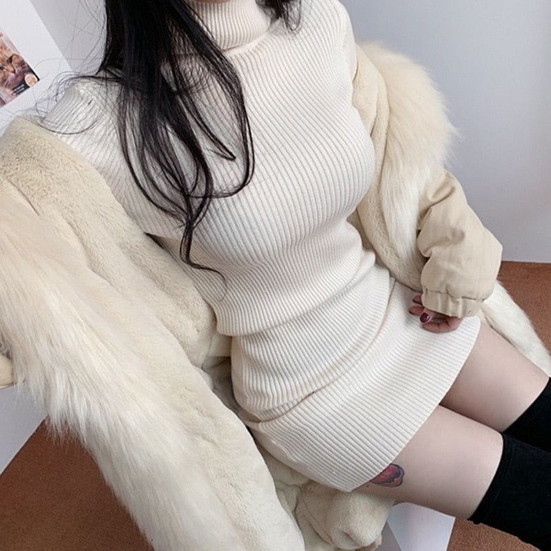 Women’s Ribbed Knit Mini Dress with Turtleneck and Long Sleeves