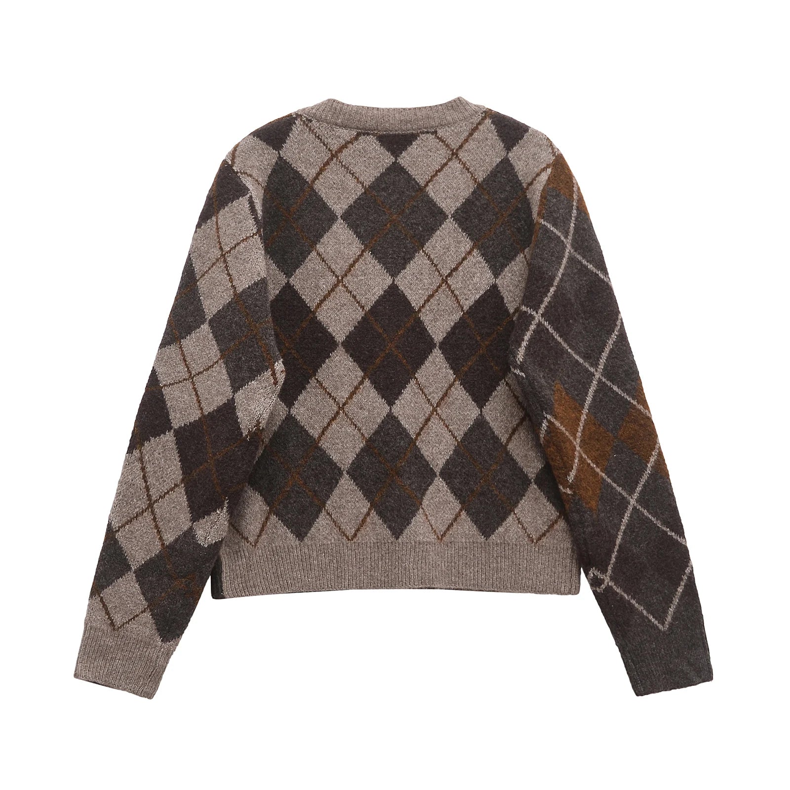 Women's Argyle Cardigan with Button-Front Closure and Ribbed Edges