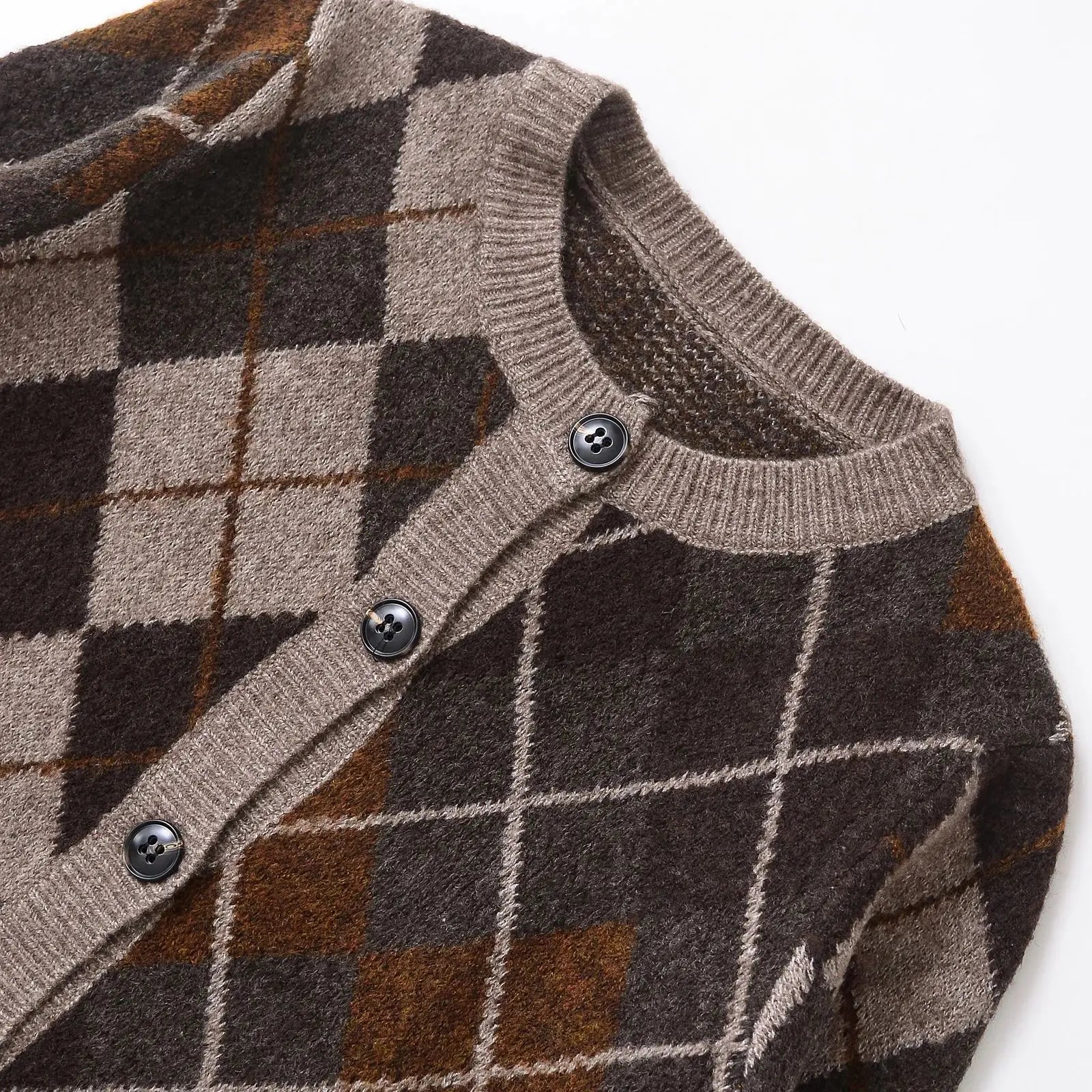 Women's Argyle Cardigan with Button-Front Closure and Ribbed Edges