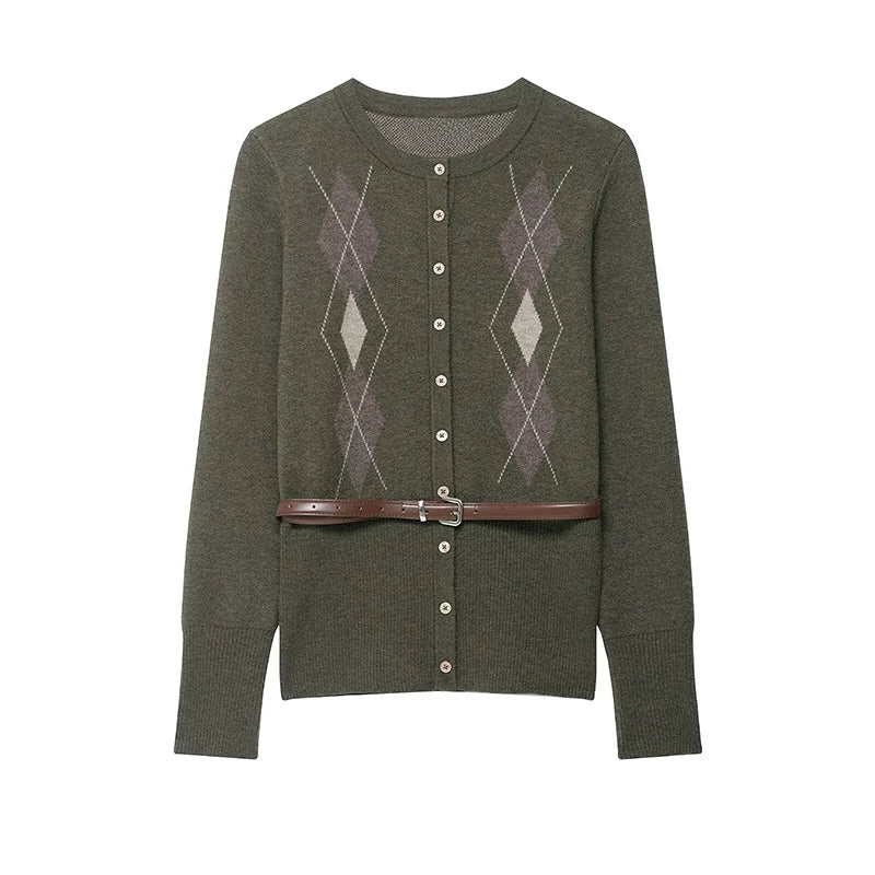Women's Argyle Cardigan with Button-Front Closure and Waist Belt
