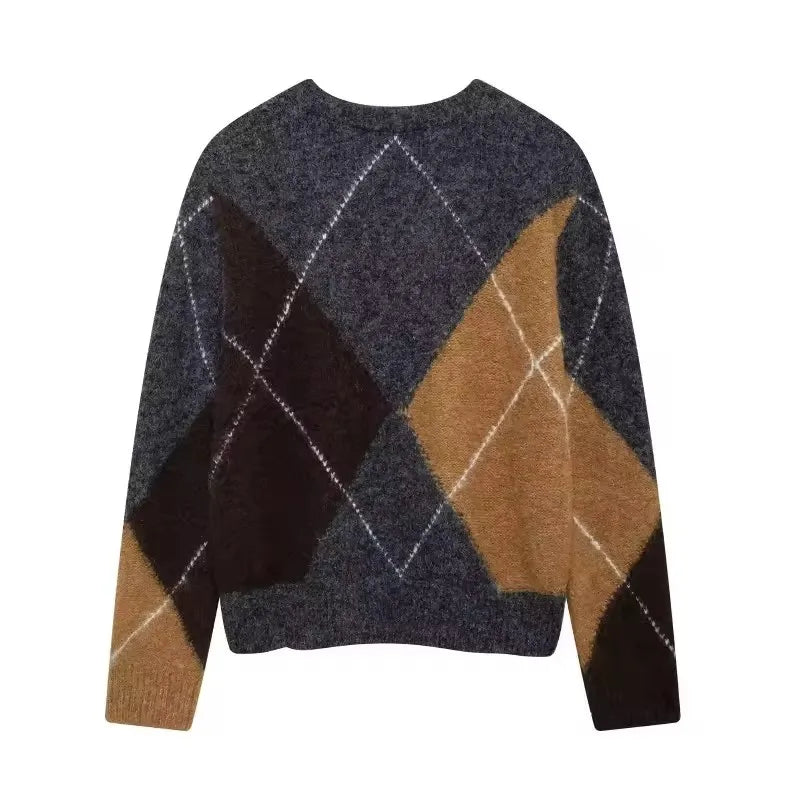 Women’s Argyle-Pattern Jumper with Crew Neck and Straight Hem