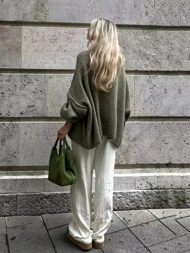 Women's Button-Front Cardigan with Drop-Shoulder Design and Ribbed Trim