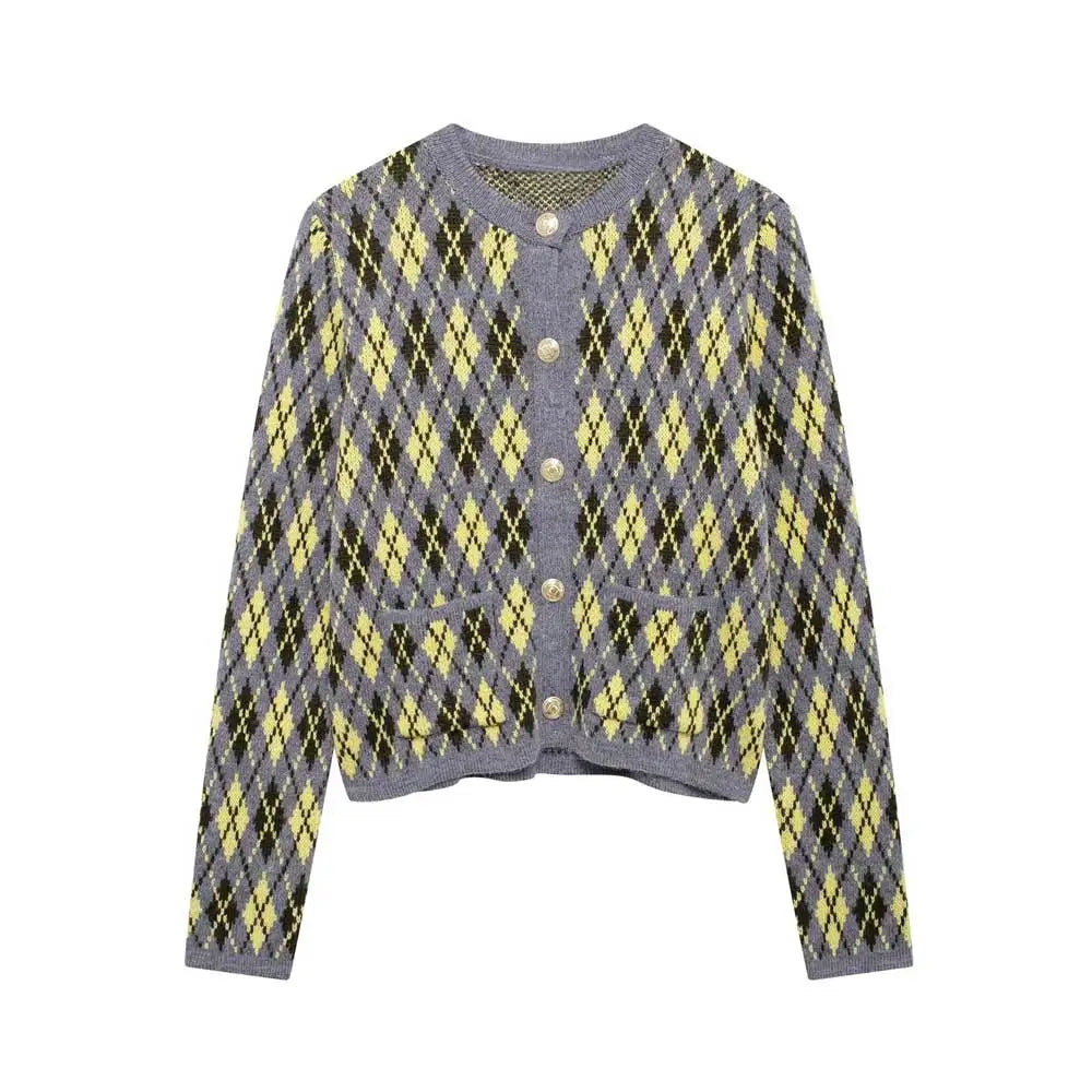 Women’s Button-Up Cardigan with Argyle Pattern and Patch Pockets