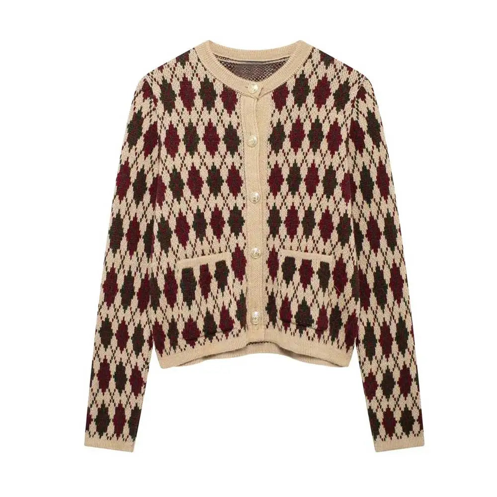 Women’s Button-Up Cardigan with Argyle Pattern and Patch Pockets