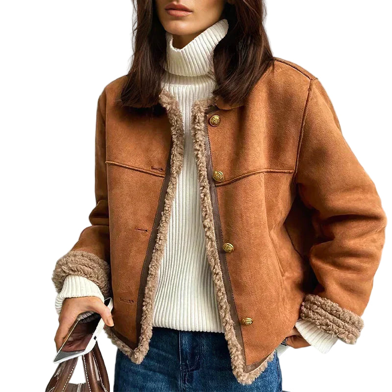 Women's Button-Up Winter Jacket with Faux Shearling Trim and Cuffed Sleeves