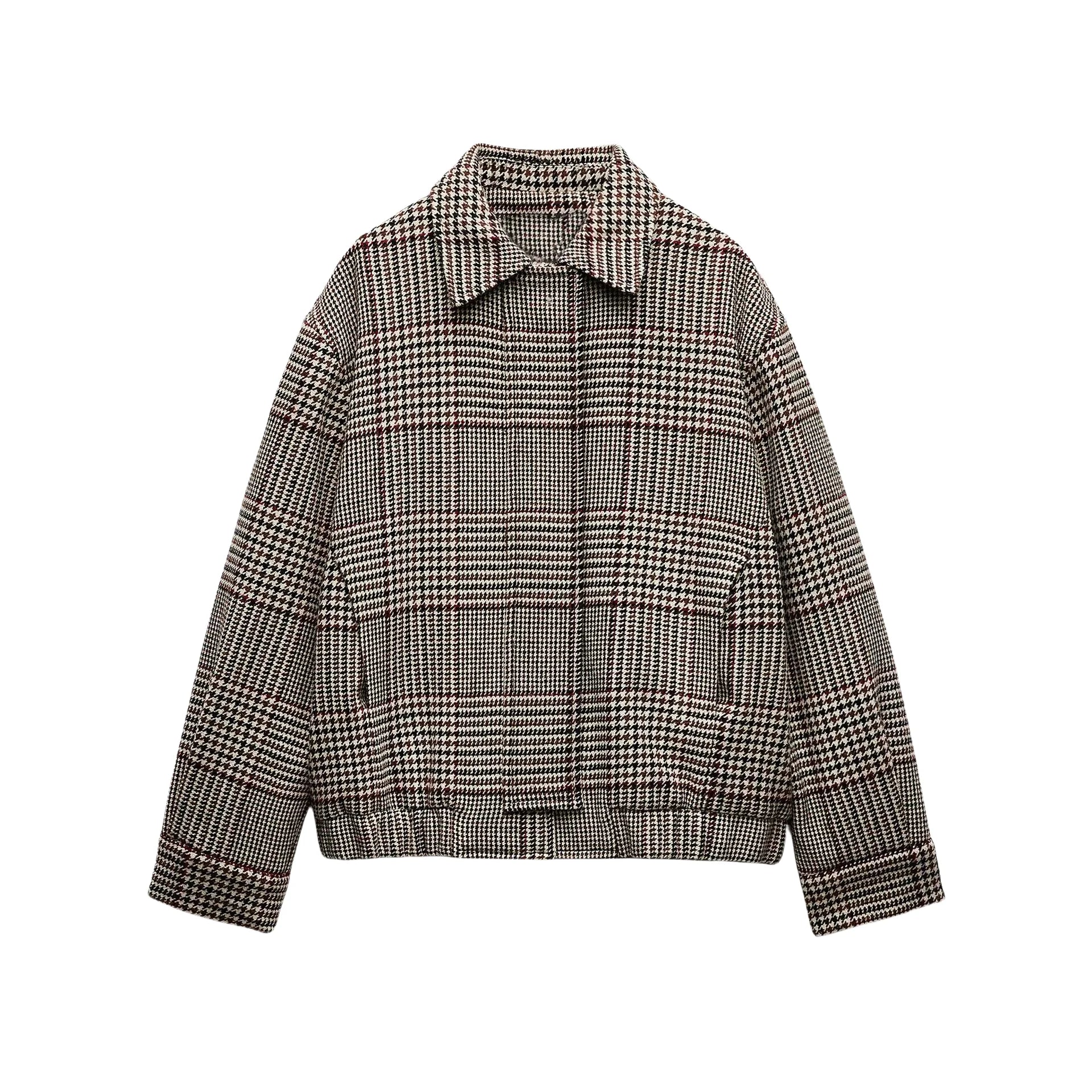 Women's Checkered Coat with Collar and Long Sleeves