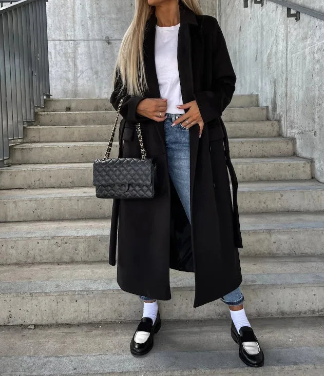 Women's Double-Breasted Winter Coat with Waist Belt