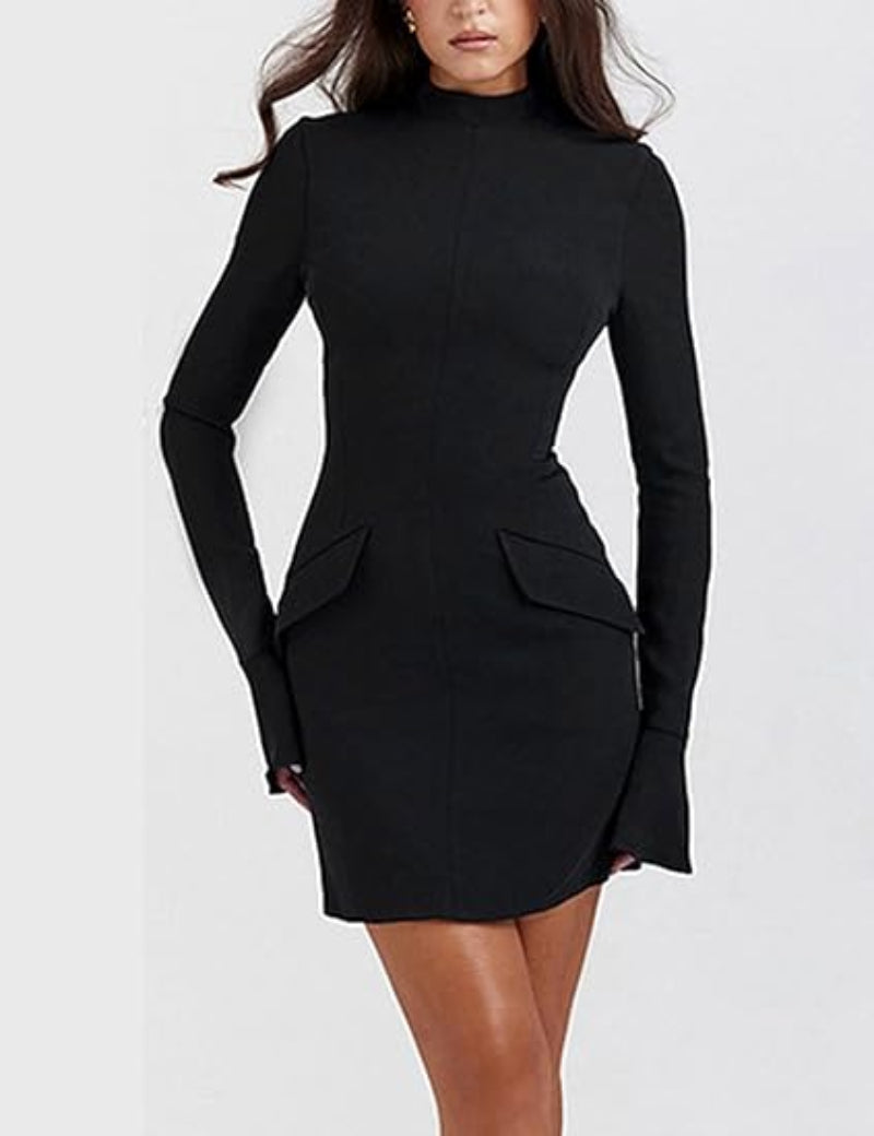 Women’s High Neck Mini Dress with Long Sleeves and Flap Pockets