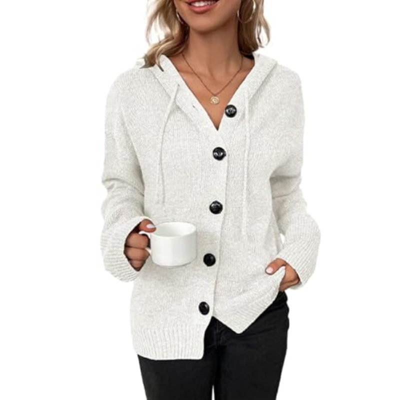 Women's Hooded Knit Cardigan with Button-Front Closure and Ribbed Cuffs