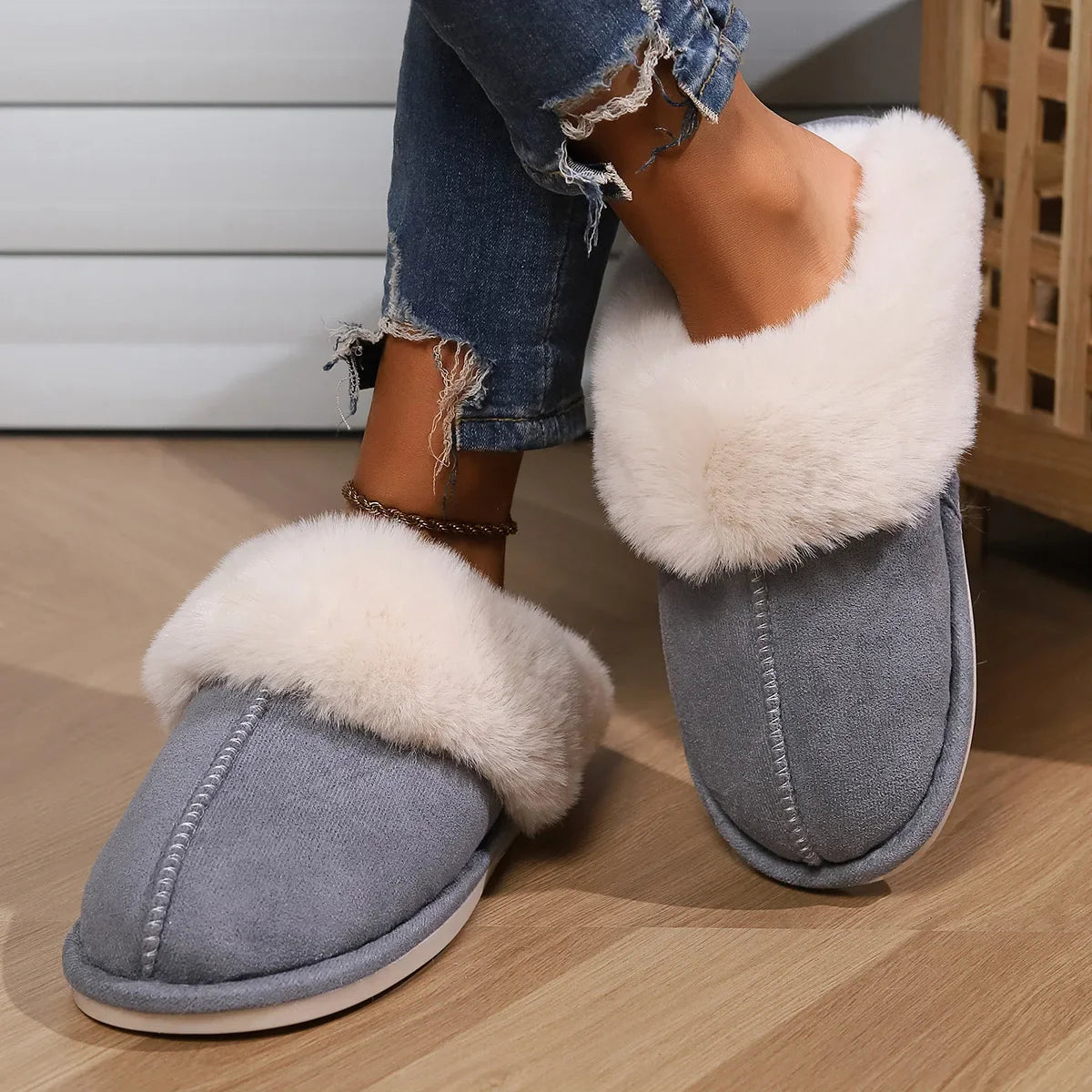 Women's Indoor Slippers with Soft Plush Cuff and Flat Sole
