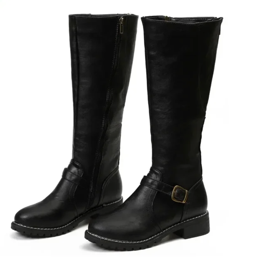 Women's Knee High Boots with Buckle Strap and Low Block Heel