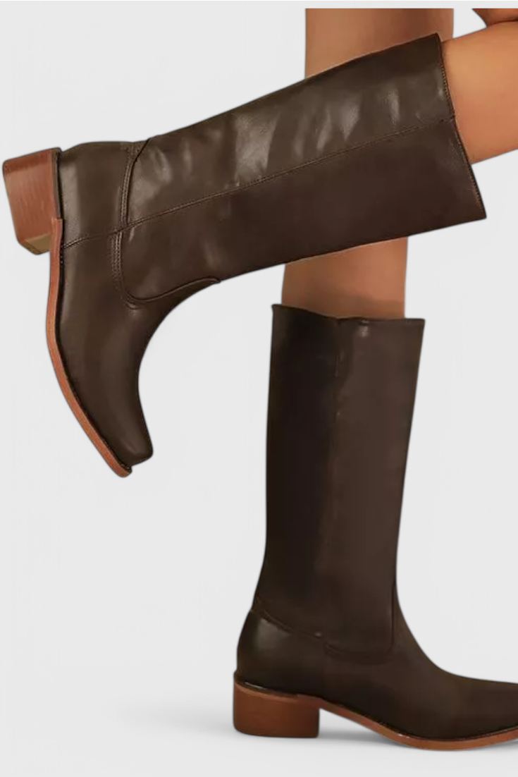 Women's Knee High Boots with Stacked Heel and Round Toe