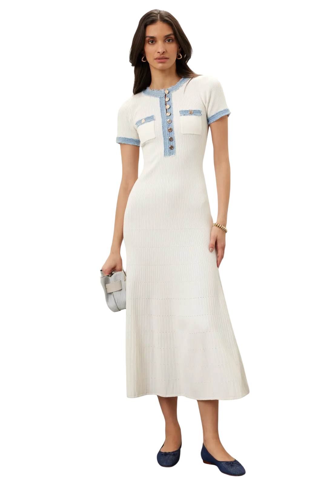Women’s Knit Maxi Dress with Short Sleeves and Button Placket