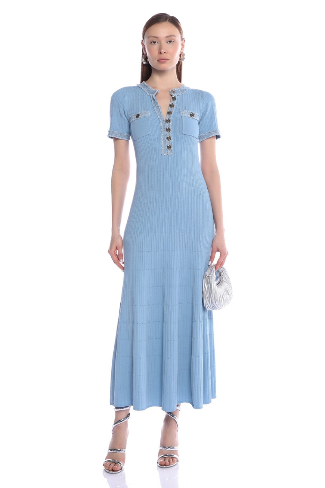 Women’s Knit Maxi Dress with Short Sleeves and Button Placket