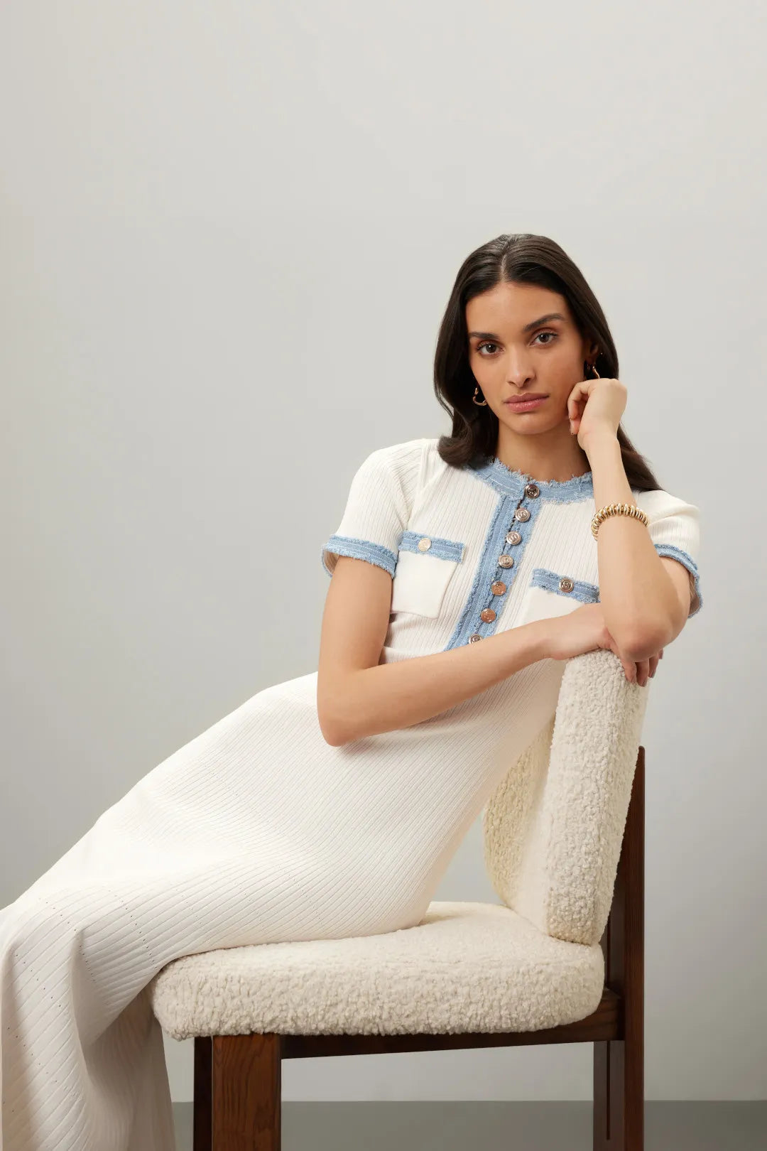 Women’s Knit Maxi Dress with Short Sleeves and Button Placket