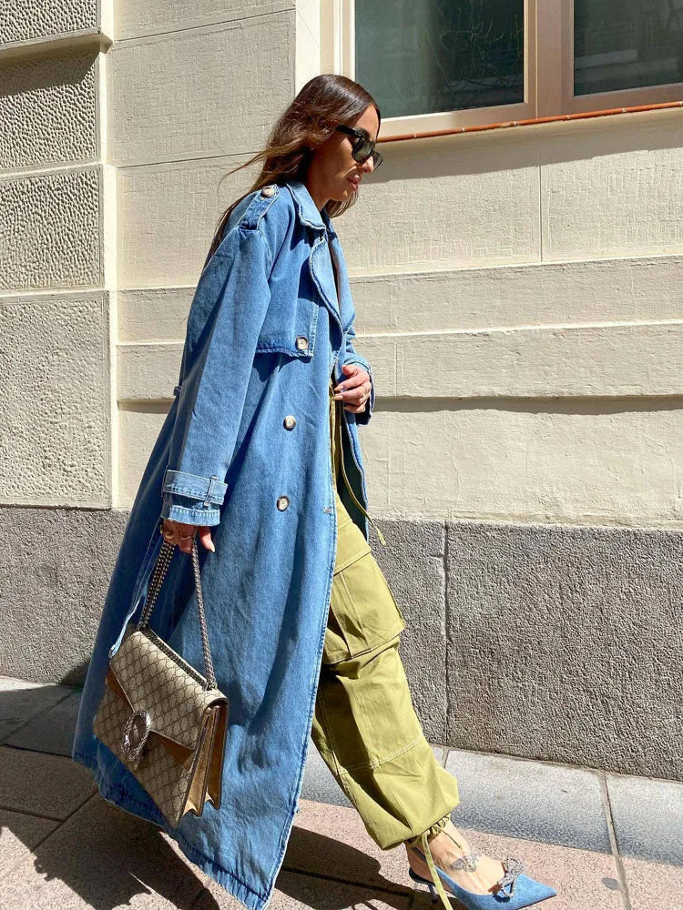 Women's Long Denim Trench Coat with Belt and Button Front