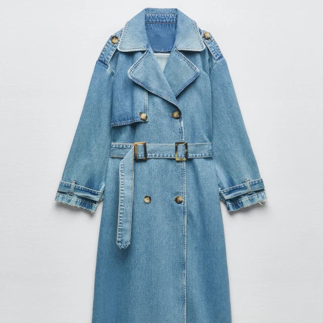 Women's Long Denim Trench Coat with Belt and Button Front