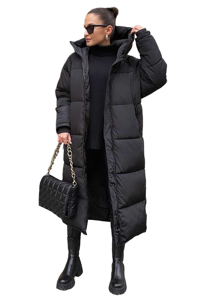 Women's Long Quilted Puffer Coat with High Neck and Hood