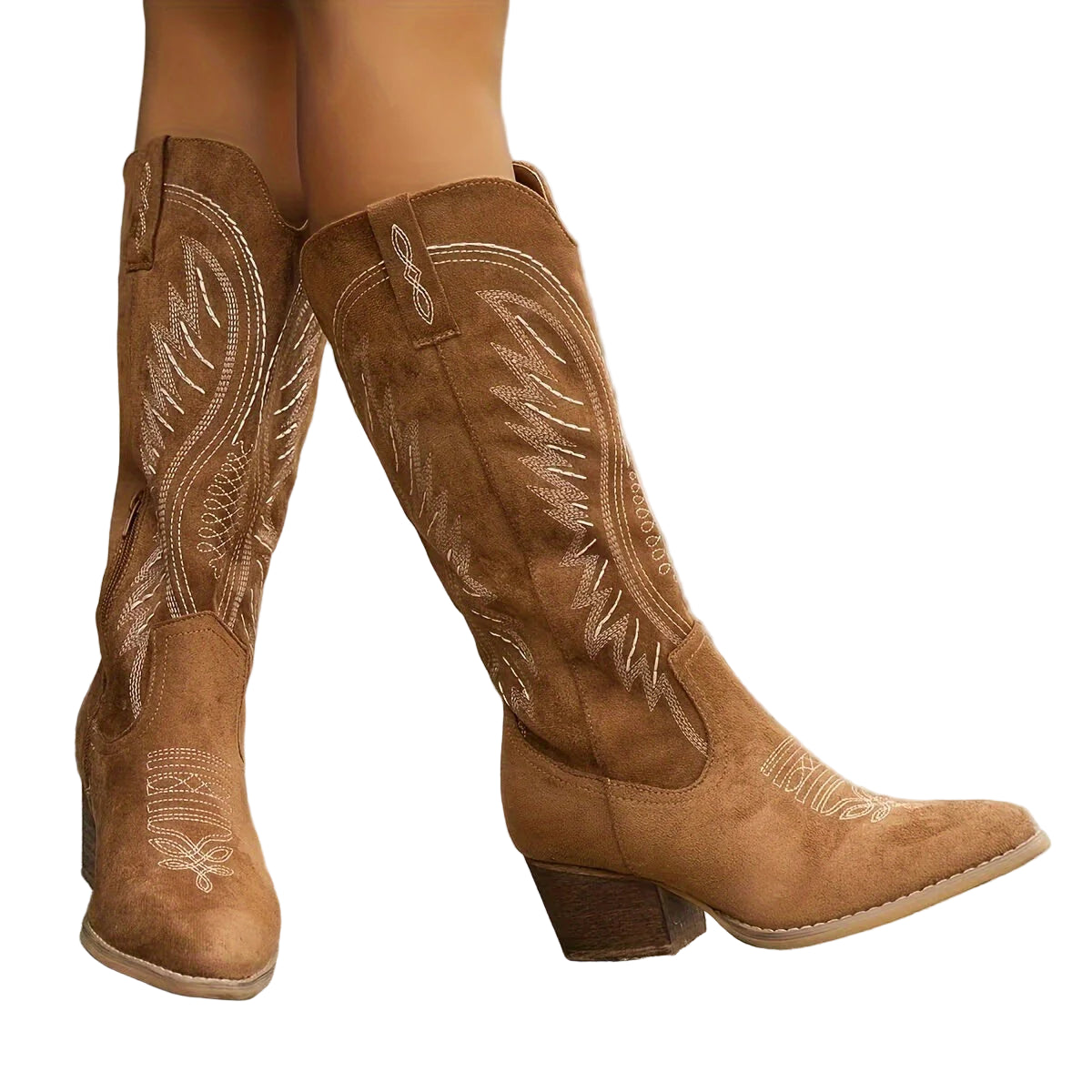Women's Mid-Calf Boots with Embroidered Detailing and Block Heel
