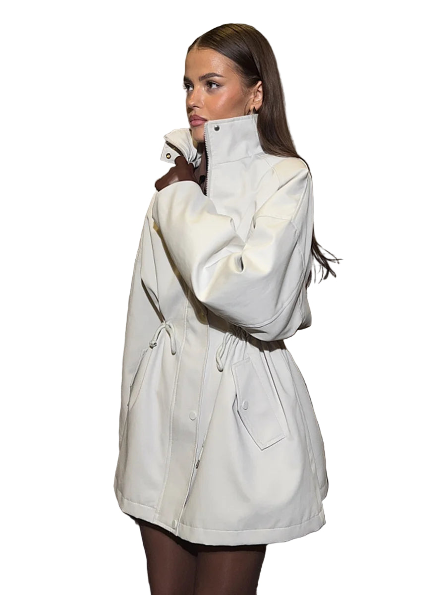 Women's Mid-Length Trench Coat with Stand Collar and Drawstring Waist