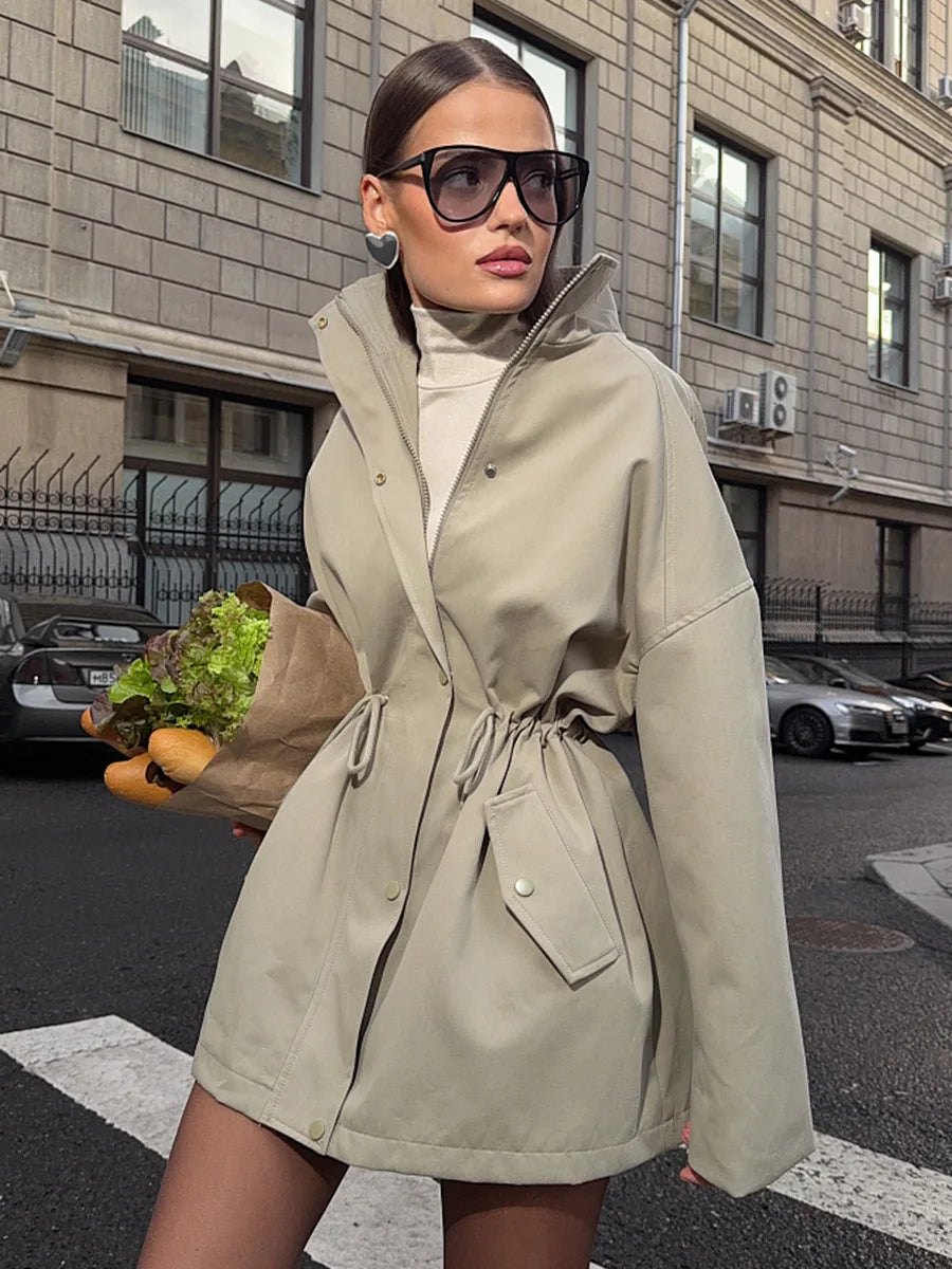 Women's Mid-Length Trench Coat with Stand Collar and Drawstring Waist