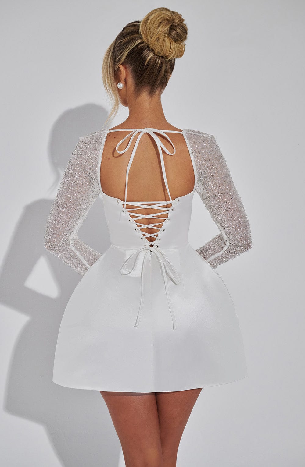 Women’s Mini Dress with Square Neck and Sheer Beaded Sleeves