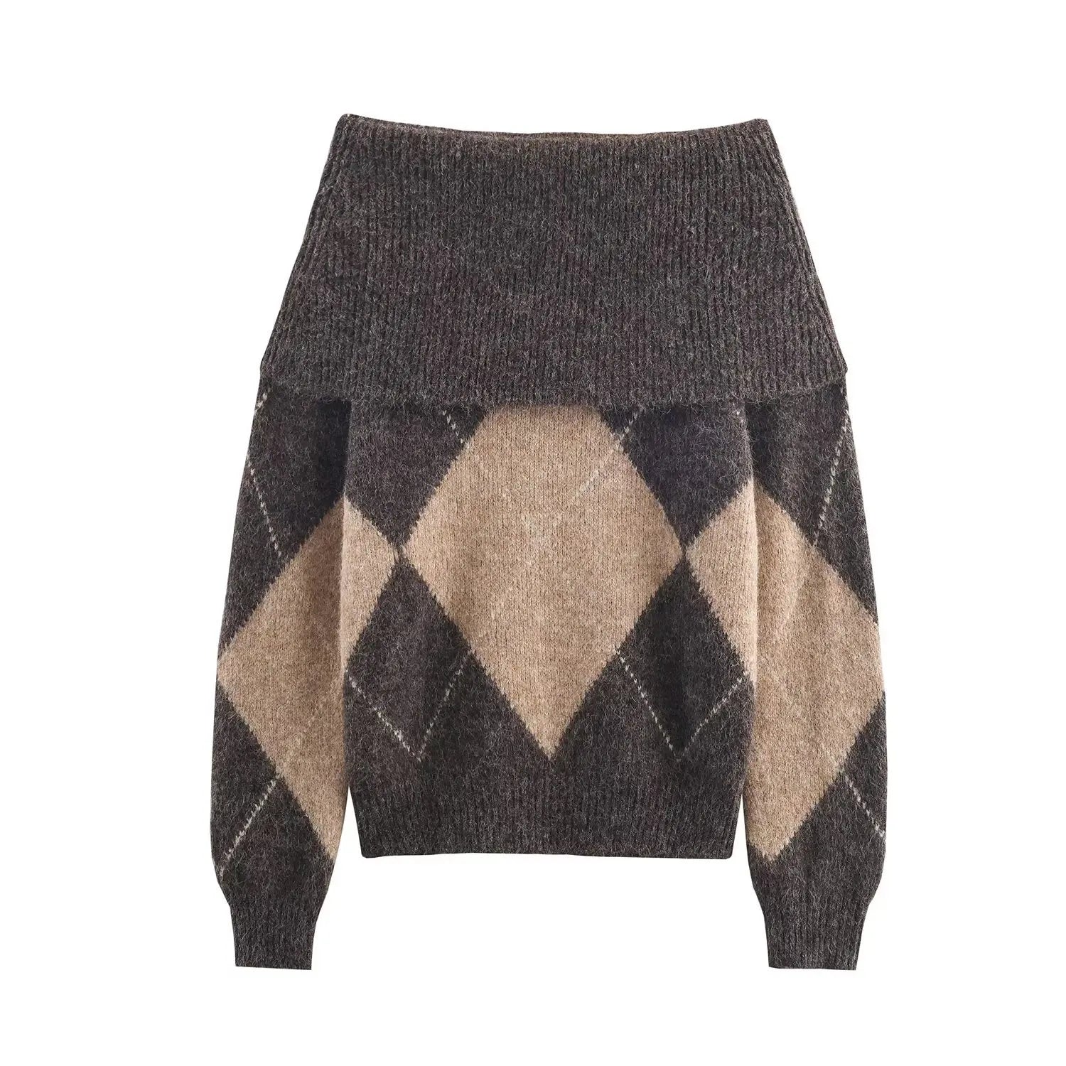 Women’s Off-Shoulder Jumper with Argyle Pattern and Long Sleeves