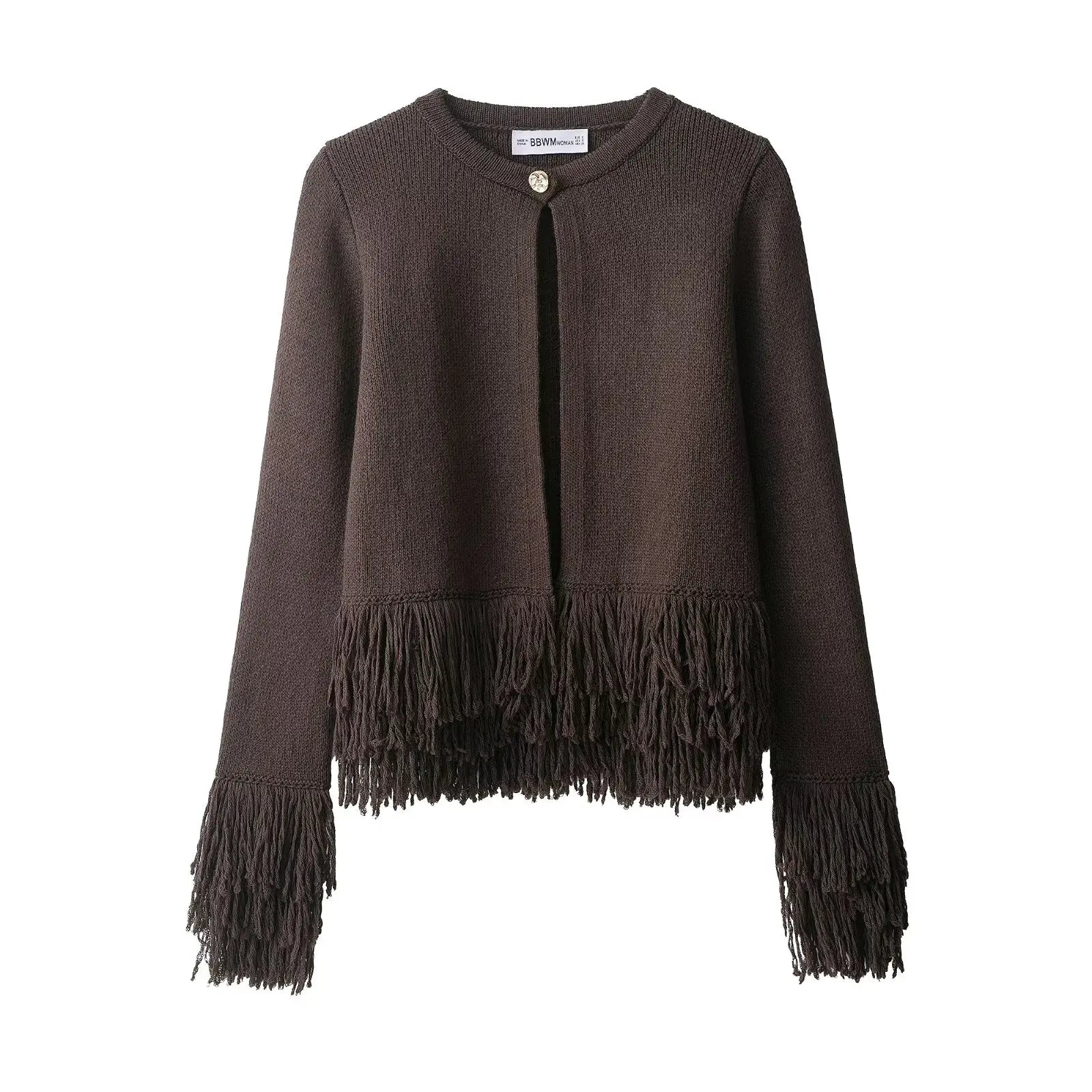 Women's Open-Front Cardigan with Single-Button Neckline and Fringe Hem
