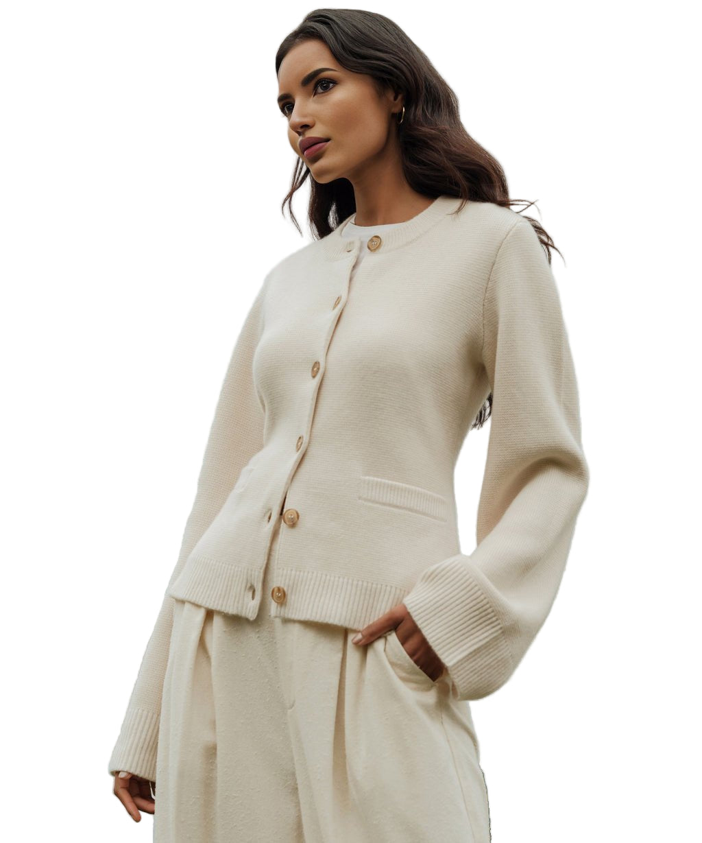 Women's Round-Neck Cardigan with Button Placket and Front Pockets