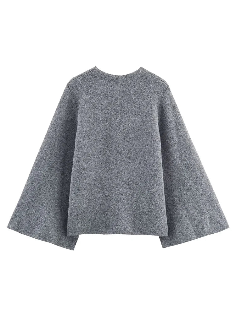 Women’s Round-Neck Knit Jumper with Asymmetric Button Closure and Side Tie