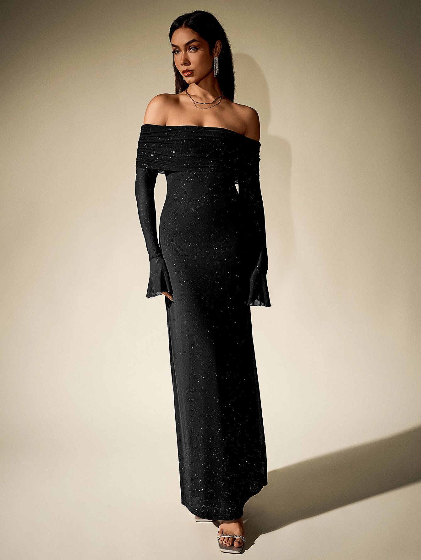 Women’s Sequin Maxi Dress with Sheer Long Sleeves and Off-Shoulder Neck