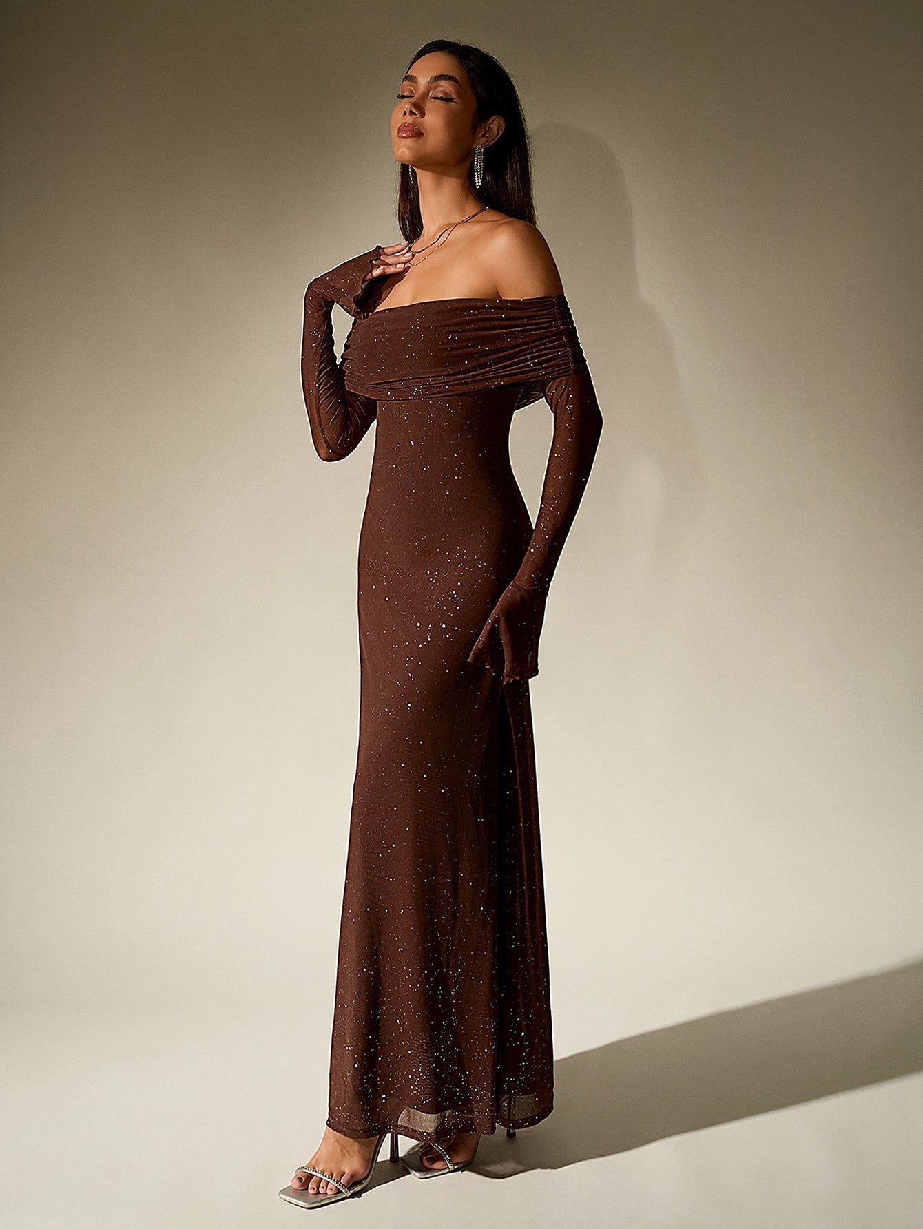Women’s Sequin Maxi Dress with Sheer Long Sleeves and Off-Shoulder Neck