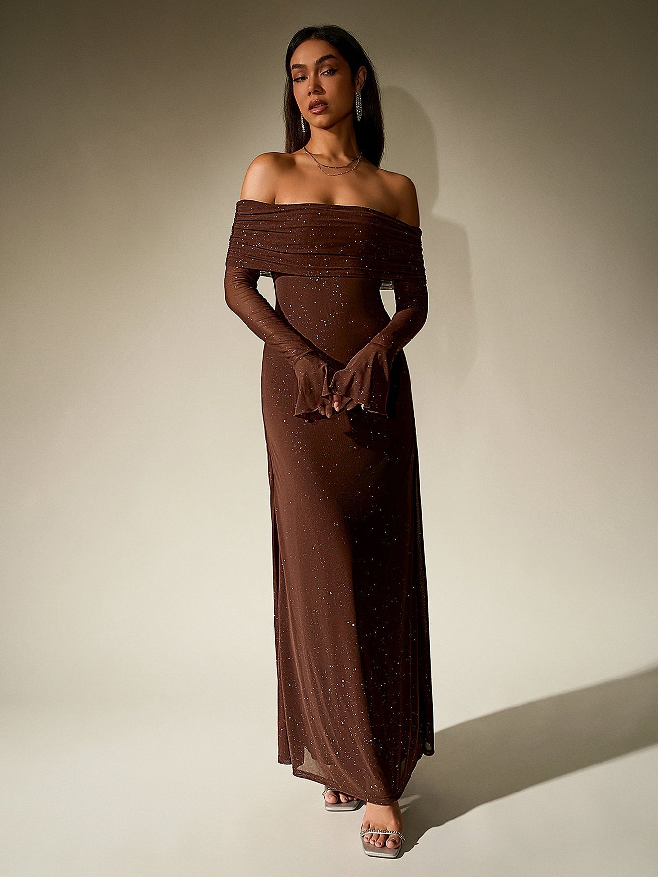 Women’s Sequin Maxi Dress with Sheer Long Sleeves and Off-Shoulder Neck