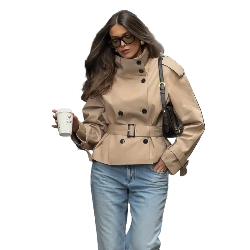 Women's Short Double-Breasted Trench Coat with Belt