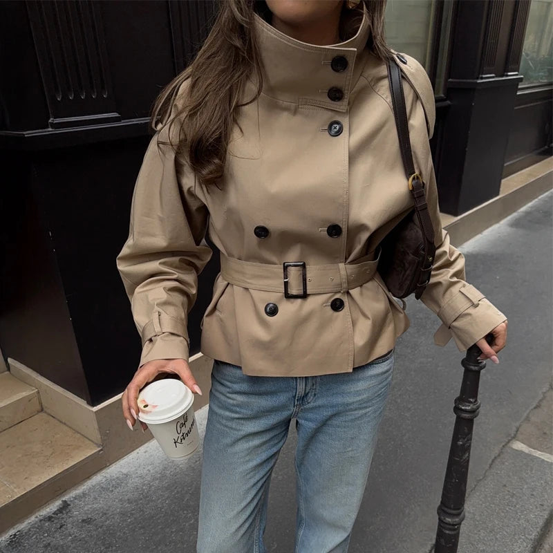 Women's Short Double-Breasted Trench Coat with Belt