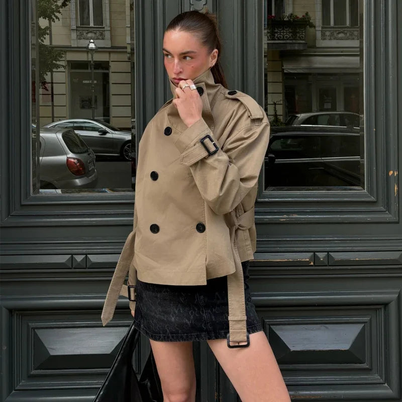 Women's Short Double-Breasted Trench Coat with Belt