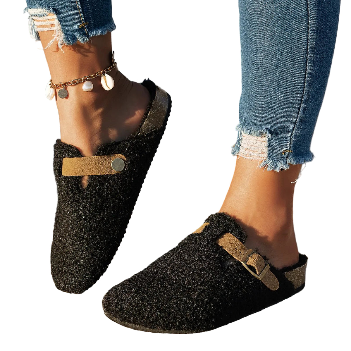 Women's Slip-On Indoor Slippers with Buckle Detail