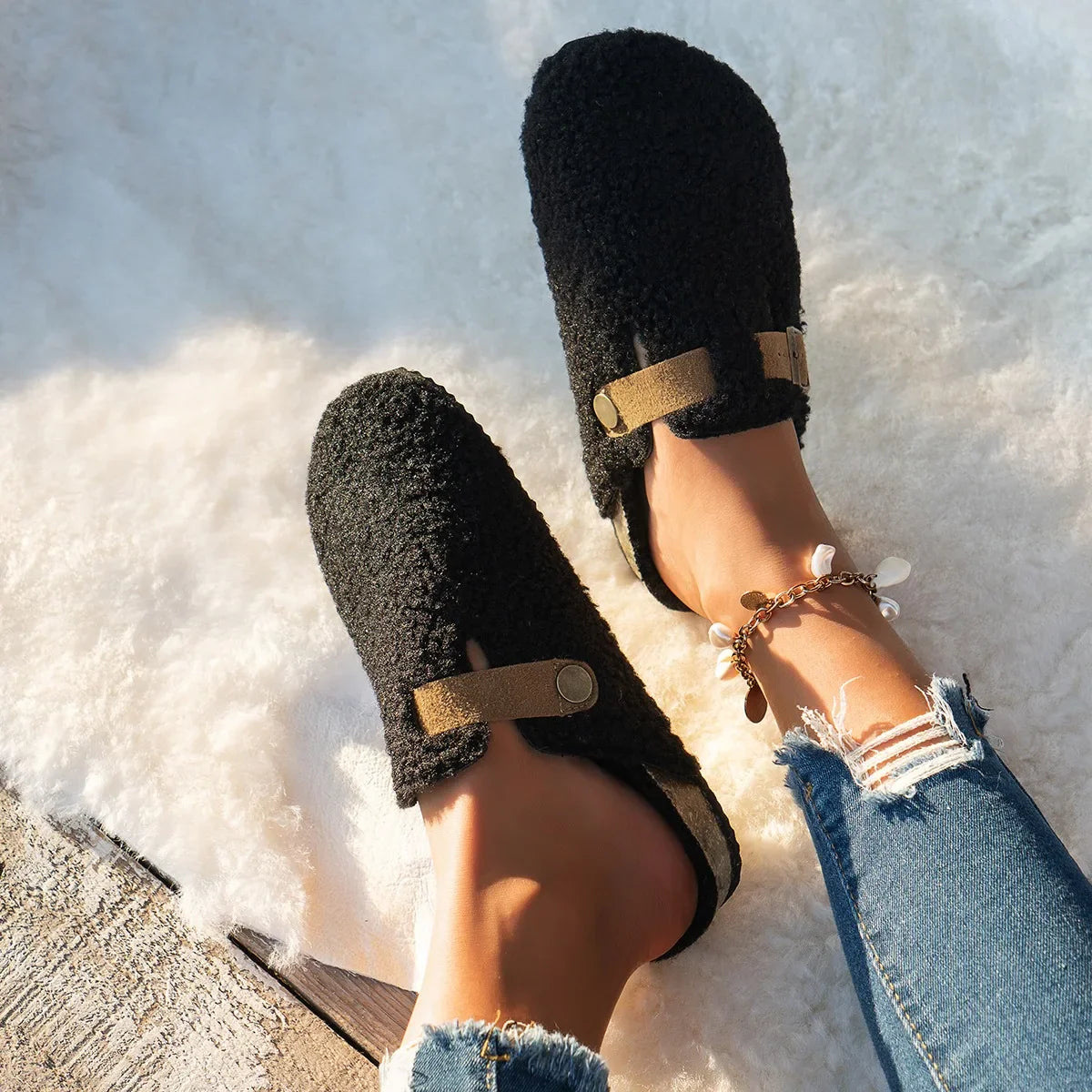 Women's Slip-On Indoor Slippers with Buckle Detail