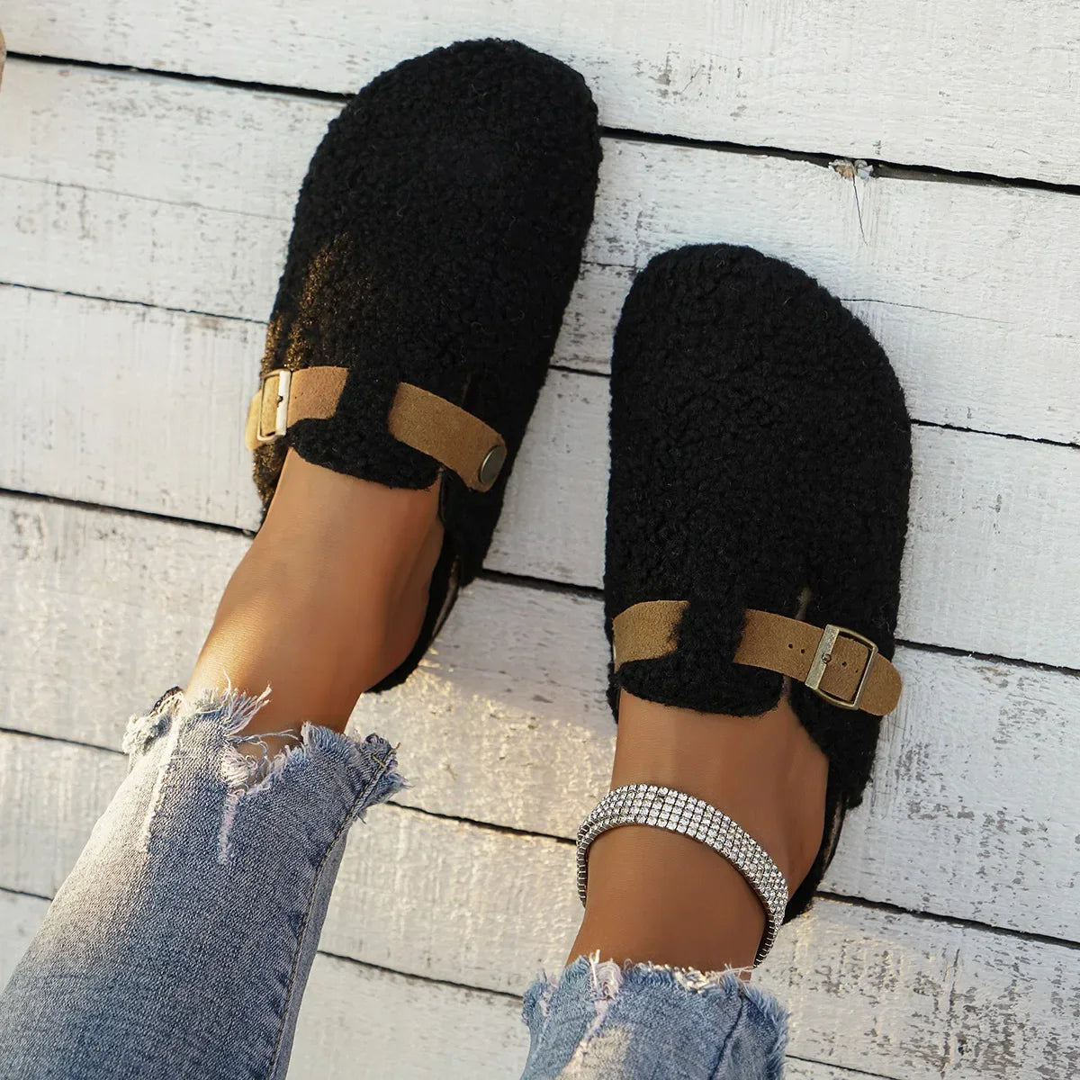 Women's Slip-On Indoor Slippers with Buckle Detail
