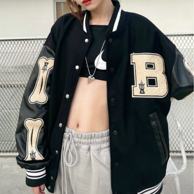 Women's Varsity Bomber Jacket with Snap Buttons and Bone Sleeve Patches